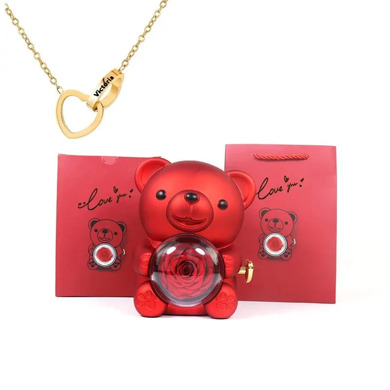 Eternal Rose Bear with Engraved Pendant